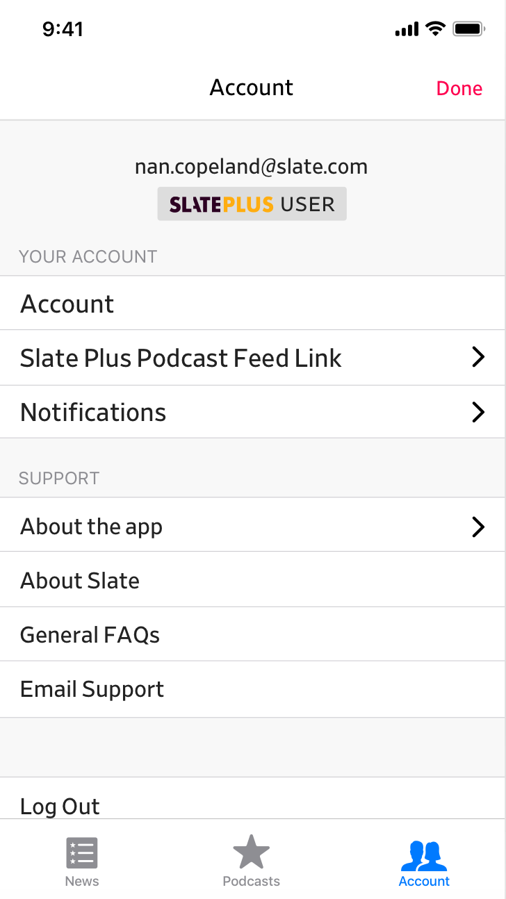 Account page for a Slate Plus member, able to access podcast feed link